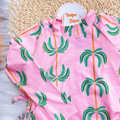 Linha Praia - Blusa Manga Longa Coqueiros com Proteção UV50+ e Calcinha - Rosa e Verde 